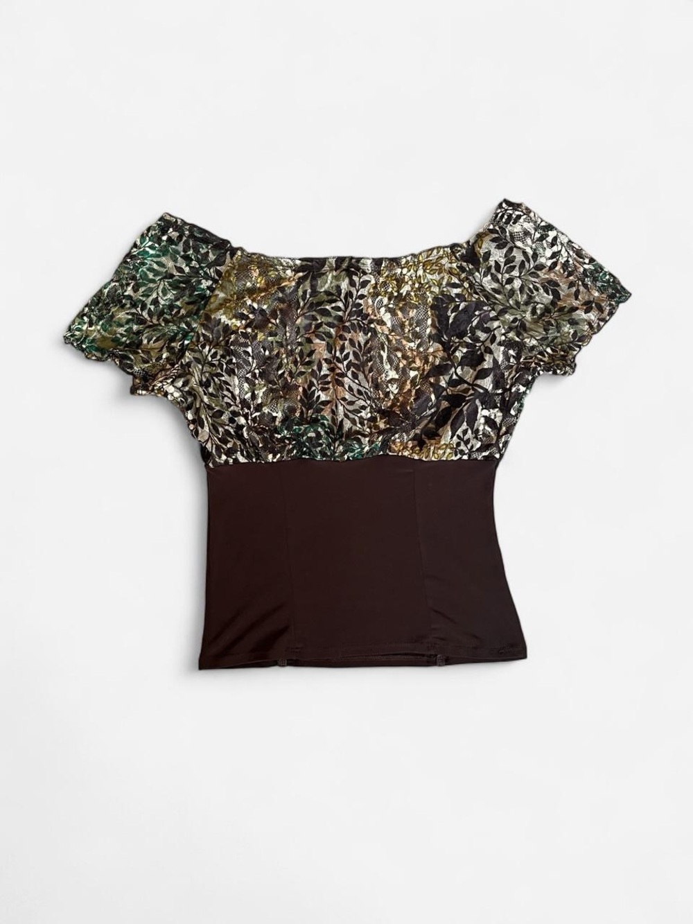 NICOLA Off-Shoulder Floral Mesh Top in Black and Green - Picture 2 of 4